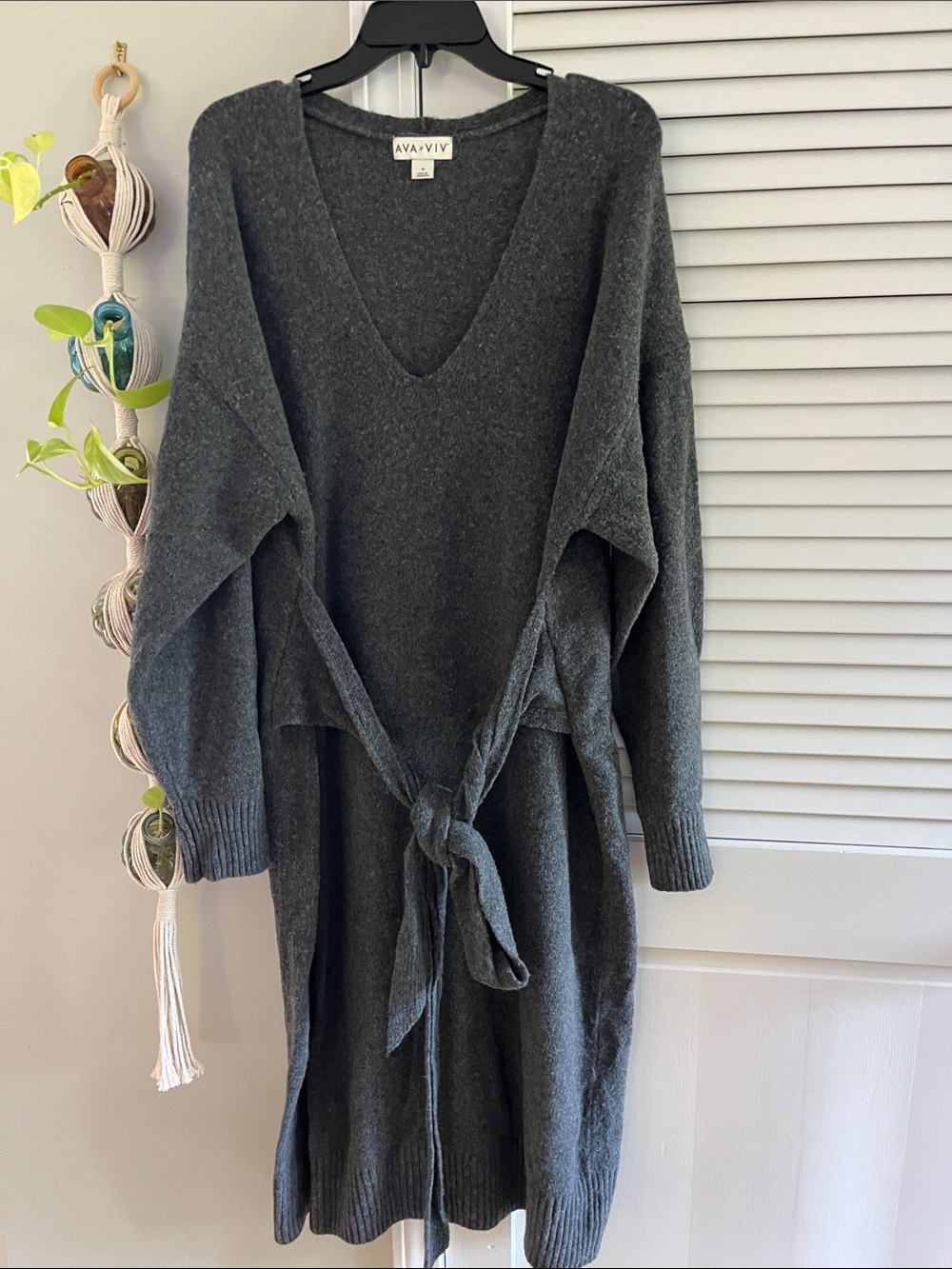 Ava & Viv Charcoal V-Neck Tie-Waist Sweater Dress